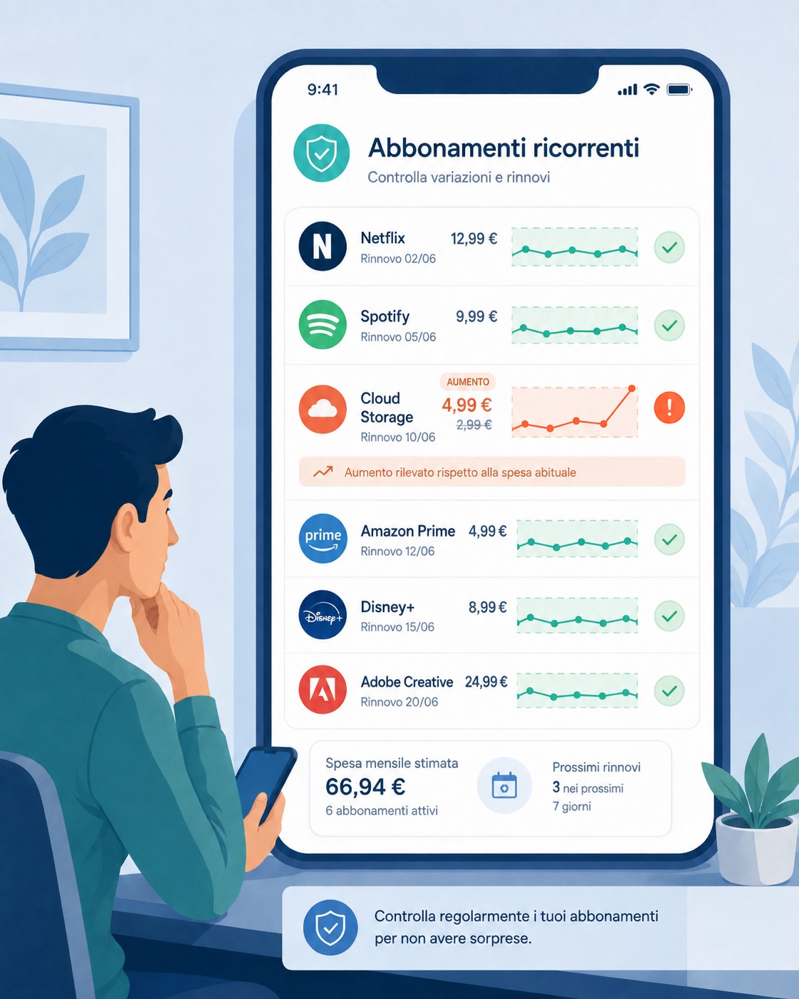 Persona che controlla rinnovi, frequenza e importi di abbonamenti ricorrenti