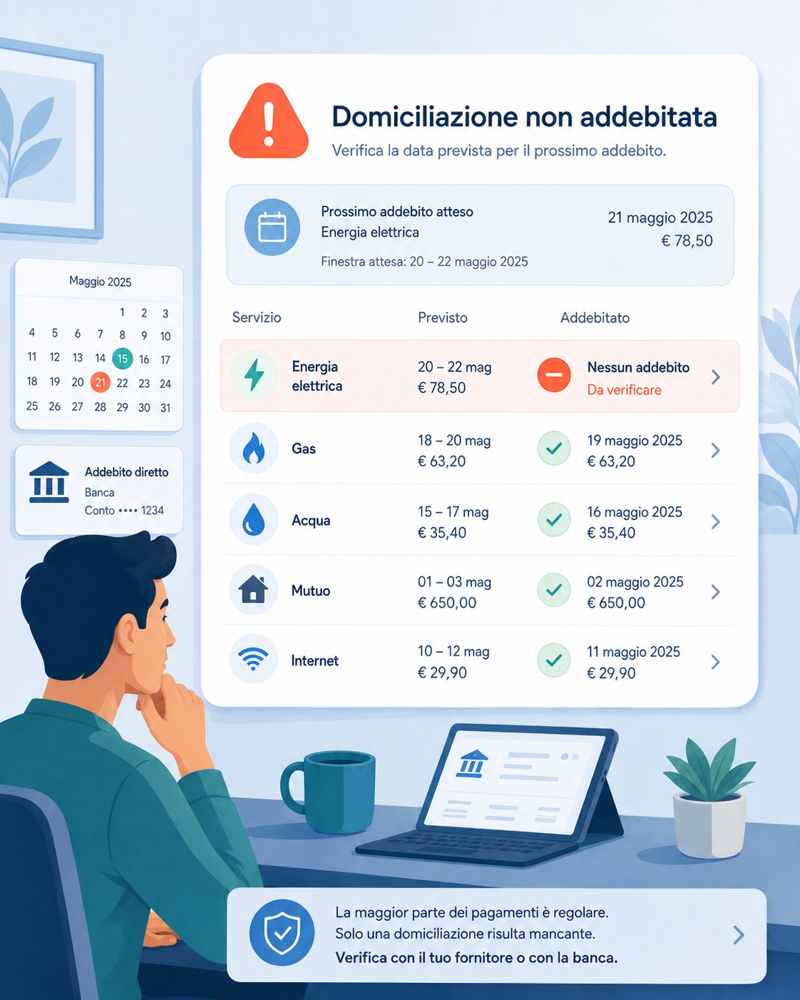 Persona che verifica sul conto una domiciliazione bancaria attesa ma non ancora addebitata