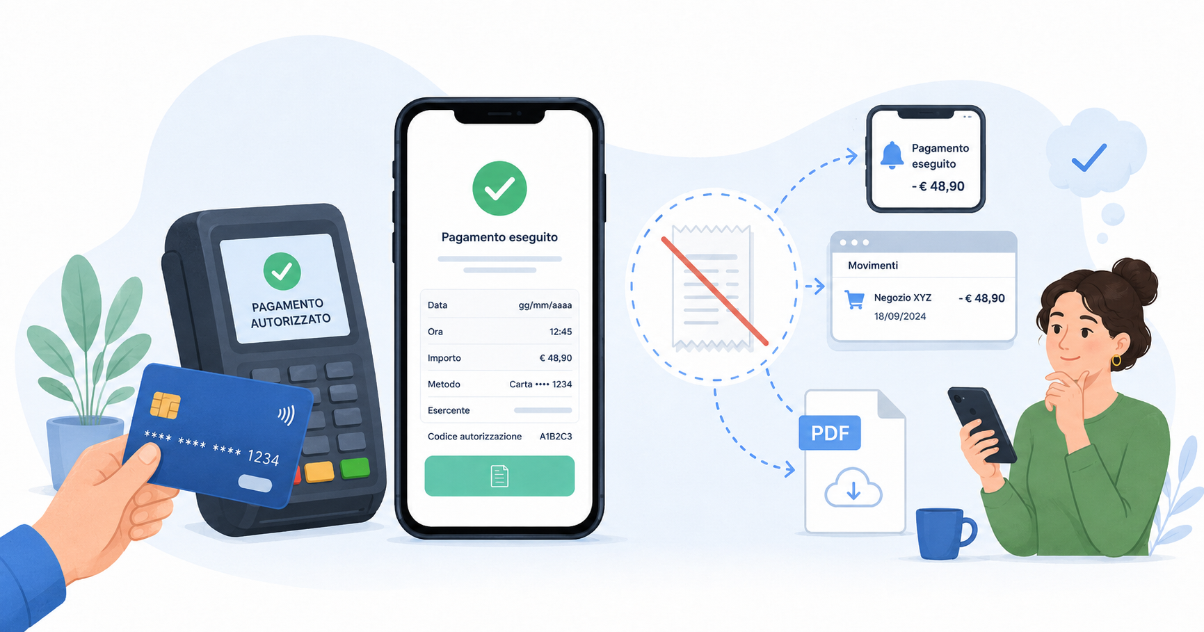 Pagamento con carta confermato da POS, app bancaria e movimento digitale nonostante l’assenza della ricevuta cartacea